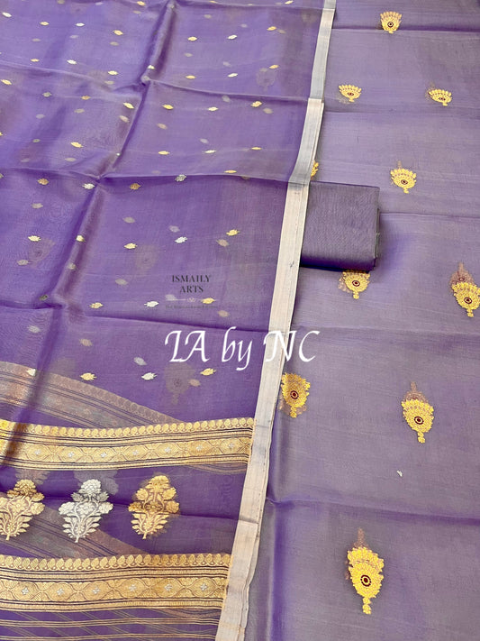 Lavender Banarasi Pure Kora Silk Kadwa Dress Materials