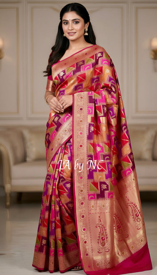 Mulberry Banarasi Pure Katan Silk Tilfi Meenakari Rangkat Saree
