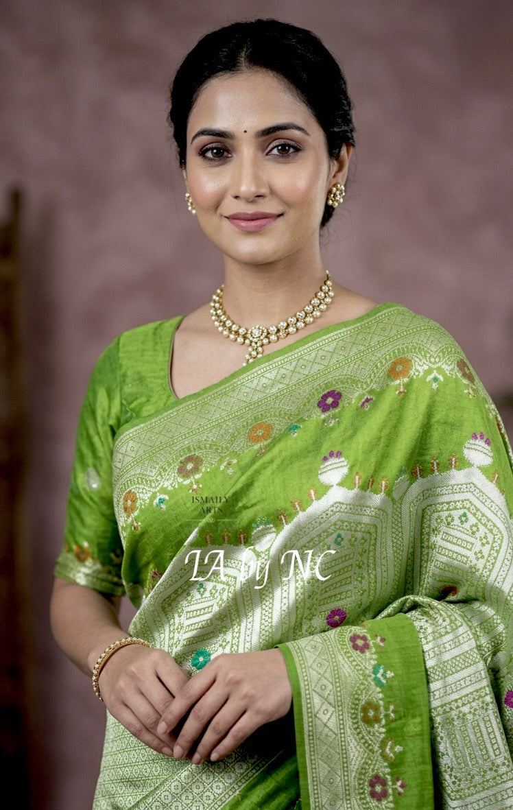 Avocado Banarasi Pure Khaddi Tussar Georgette Designer Saree