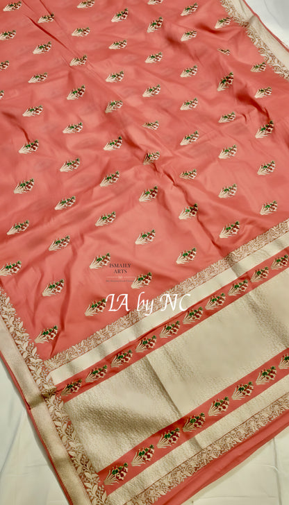 Salmon Banarasi Mashru Katan Silk Meenakari Saree