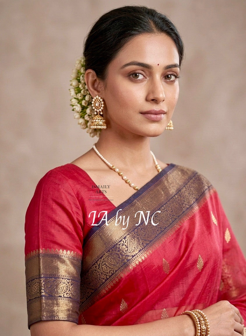 Carmine Banarasi Pure Kora Organza Kadwa Saree
