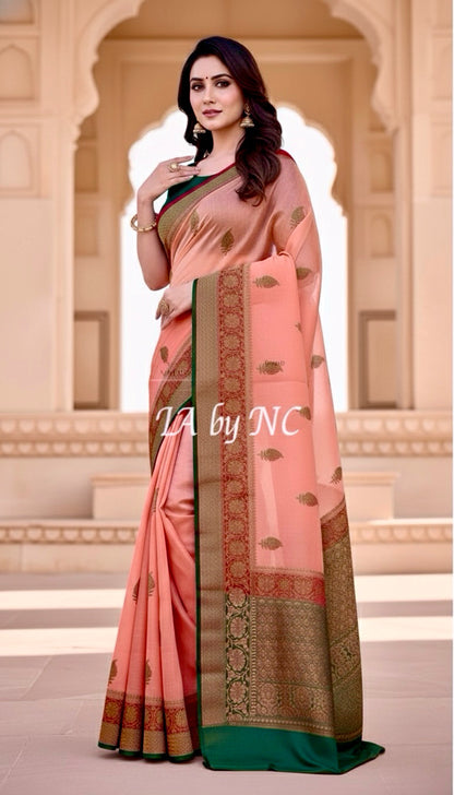 Salmon Banarasi Pure Kora Silk Kadwa Saree