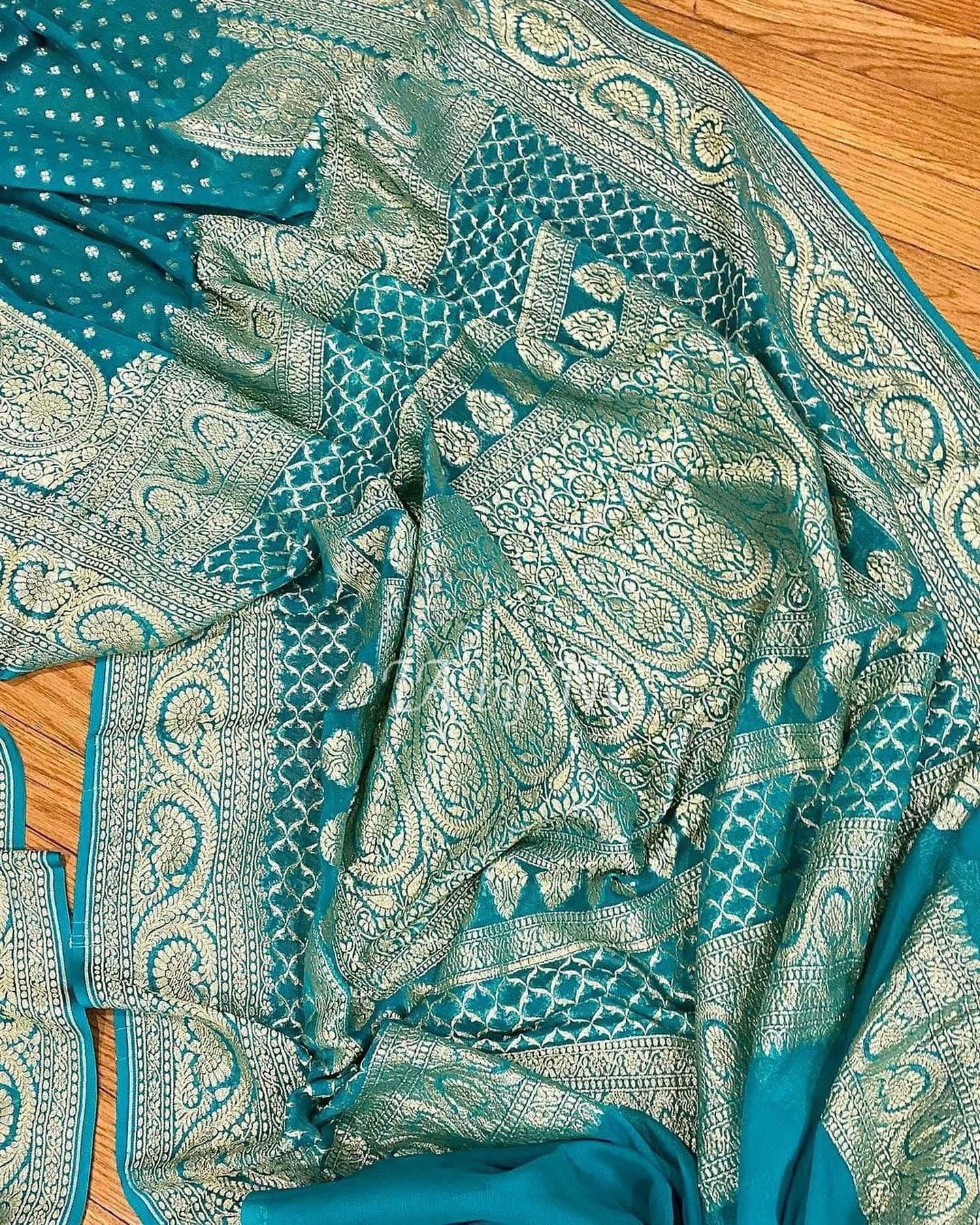 Teal Banarasi Pure Khaddi Georgette Saree