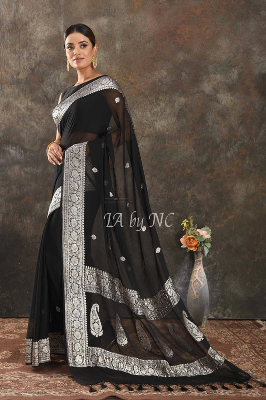Black Banarasi Pure Khaddi Georgette Kadwa Saree