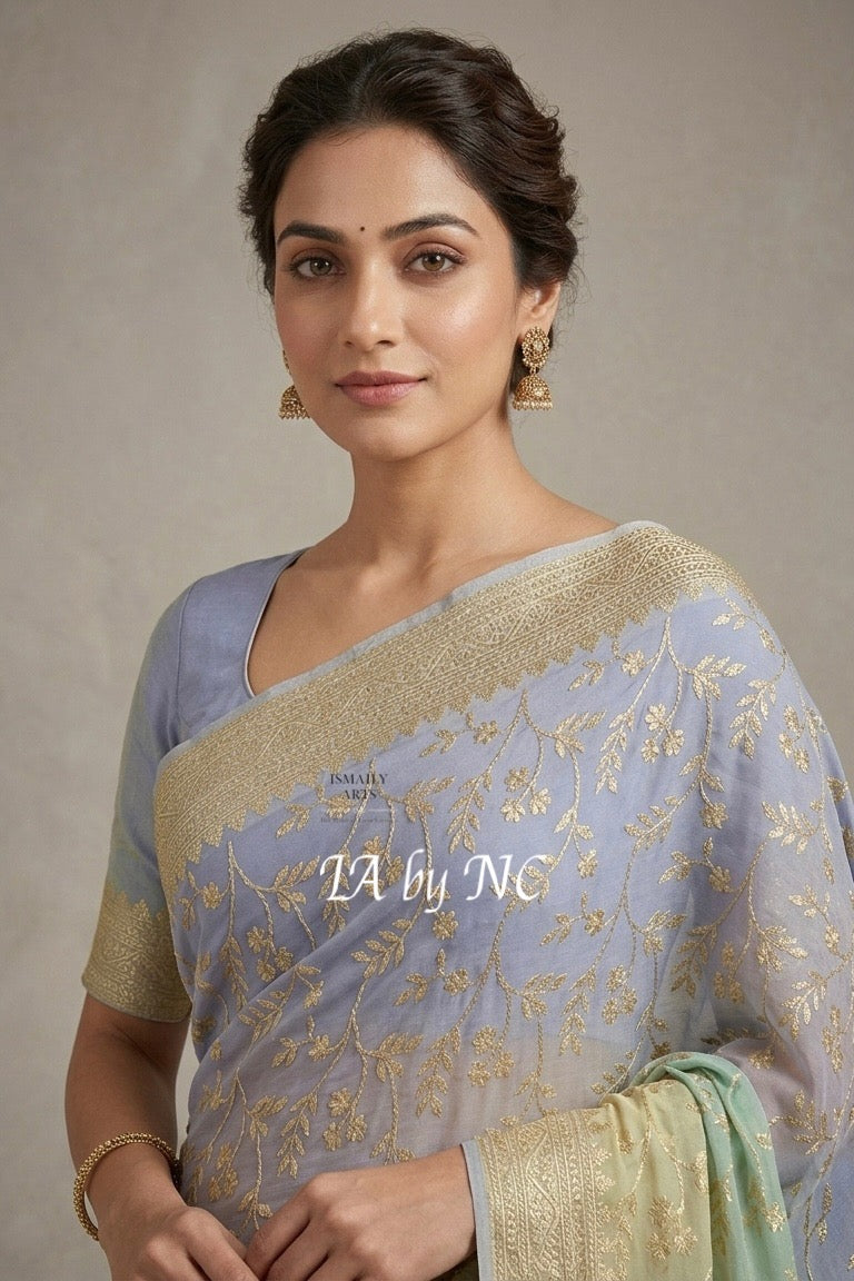 Pigeon Banarasi Pure Khaddi Georgette Saree
