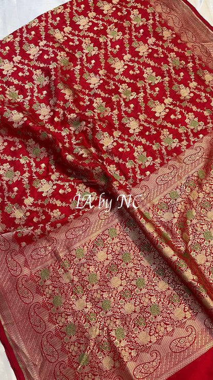 Carmine Banarasi Pure Katan Silk Pattu Meenakari Saree