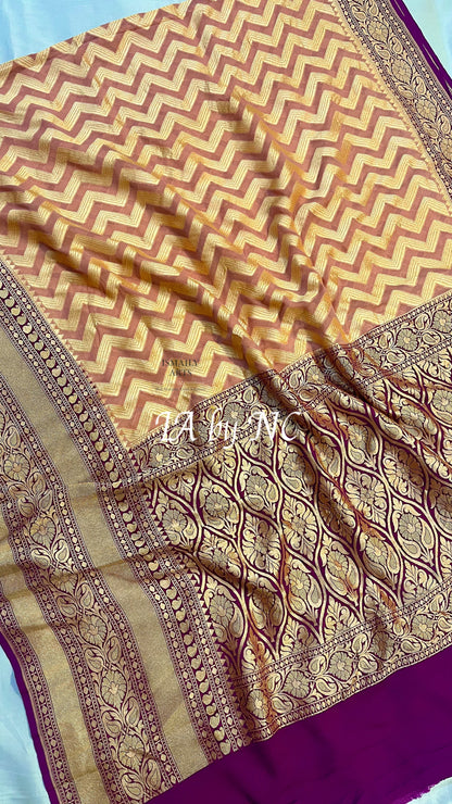 Ochre Banarasi Pure Khaddi Georgette Saree