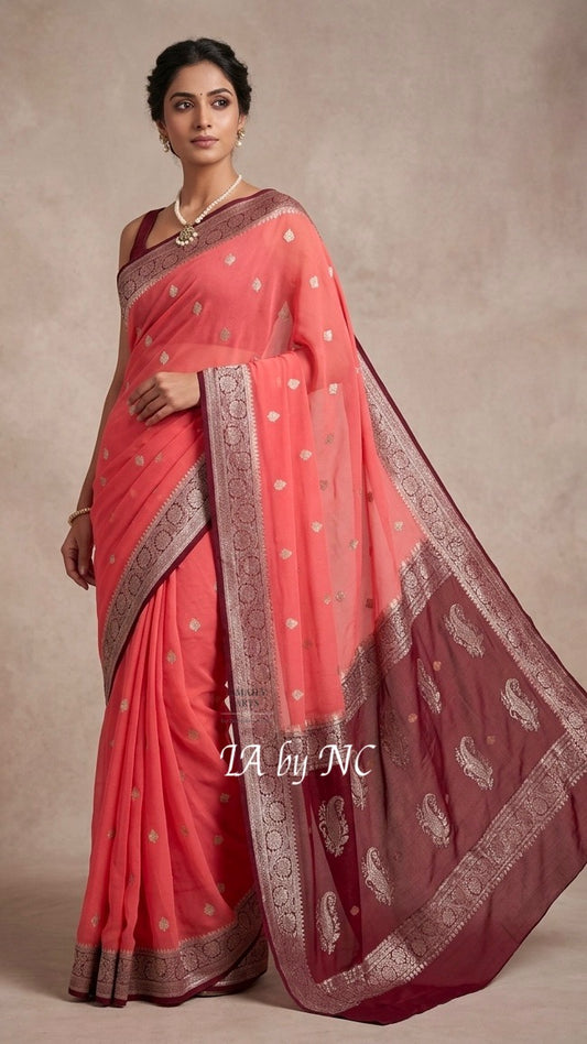 Salmon Banarasi Pure Khaddi Georgette Kadwa Saree