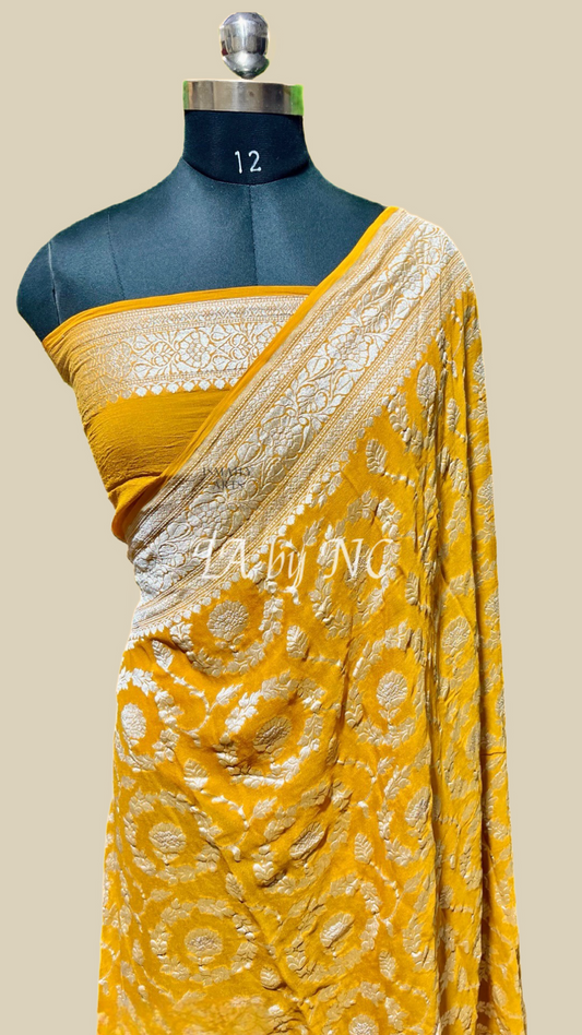 GoldenRod Banarasi Pure Khaddi Georgette Saree