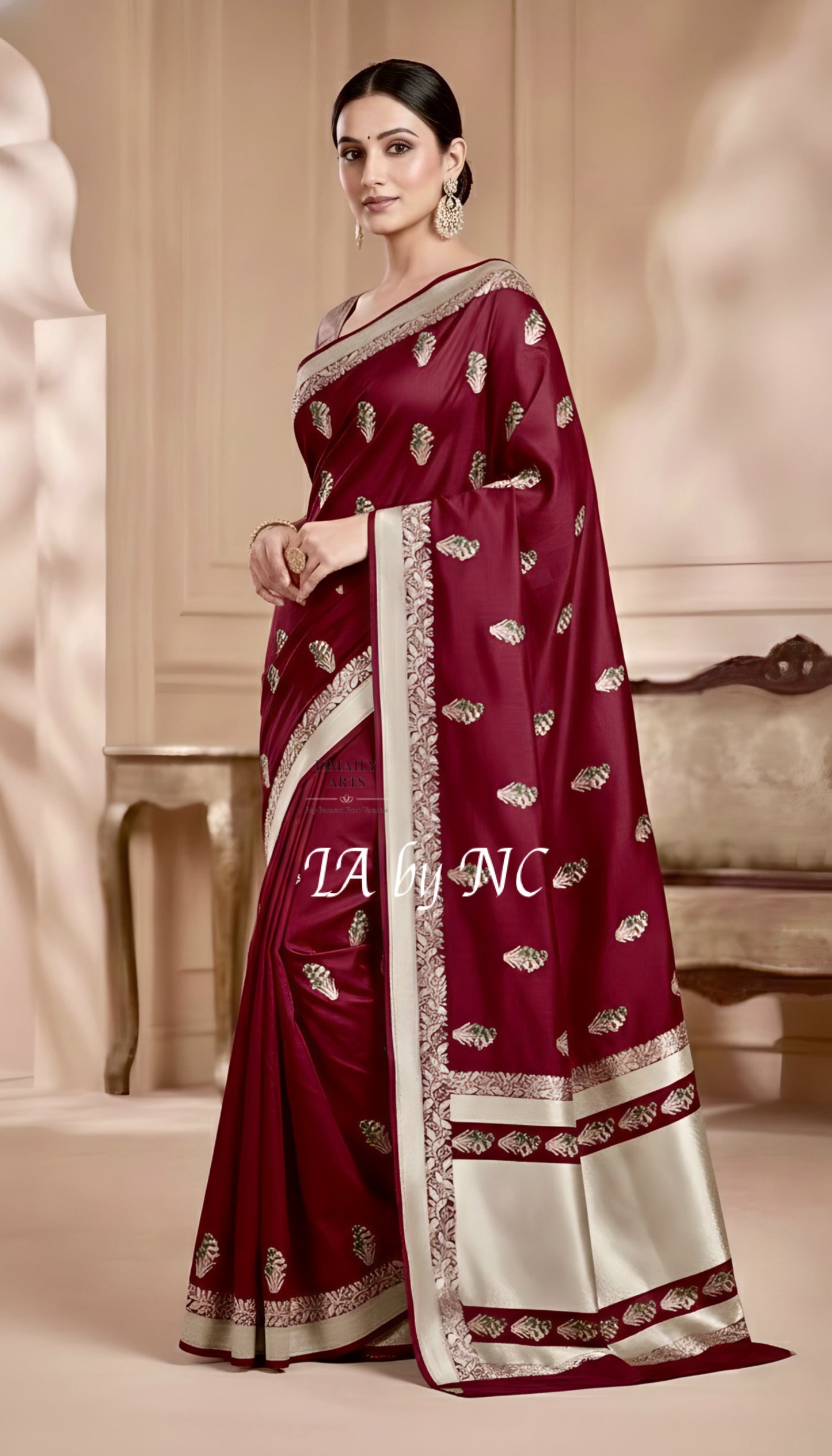 Burgundy Banarasi Mashru Katan Silk Meenakari Saree