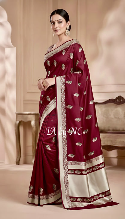 Burgundy Banarasi Mashru Katan Silk Meenakari Saree