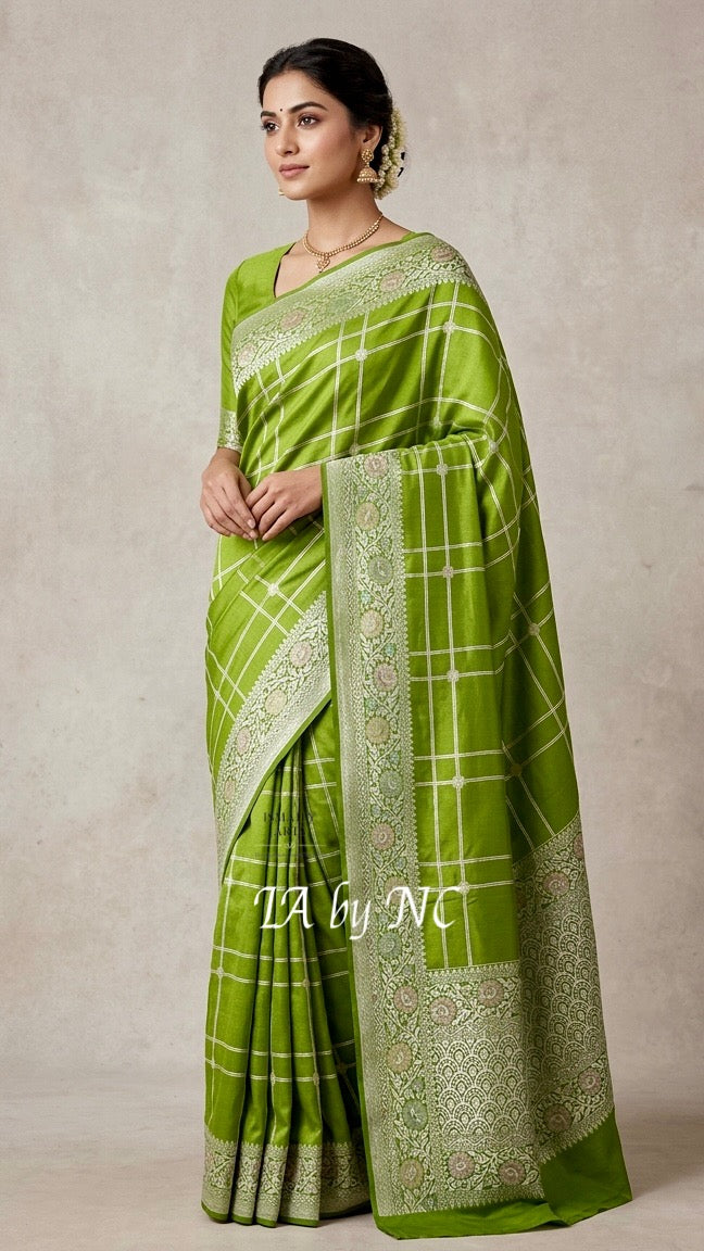 Avocado Banarasi Pure Khaddi Tussar Georgette Paithani Saree