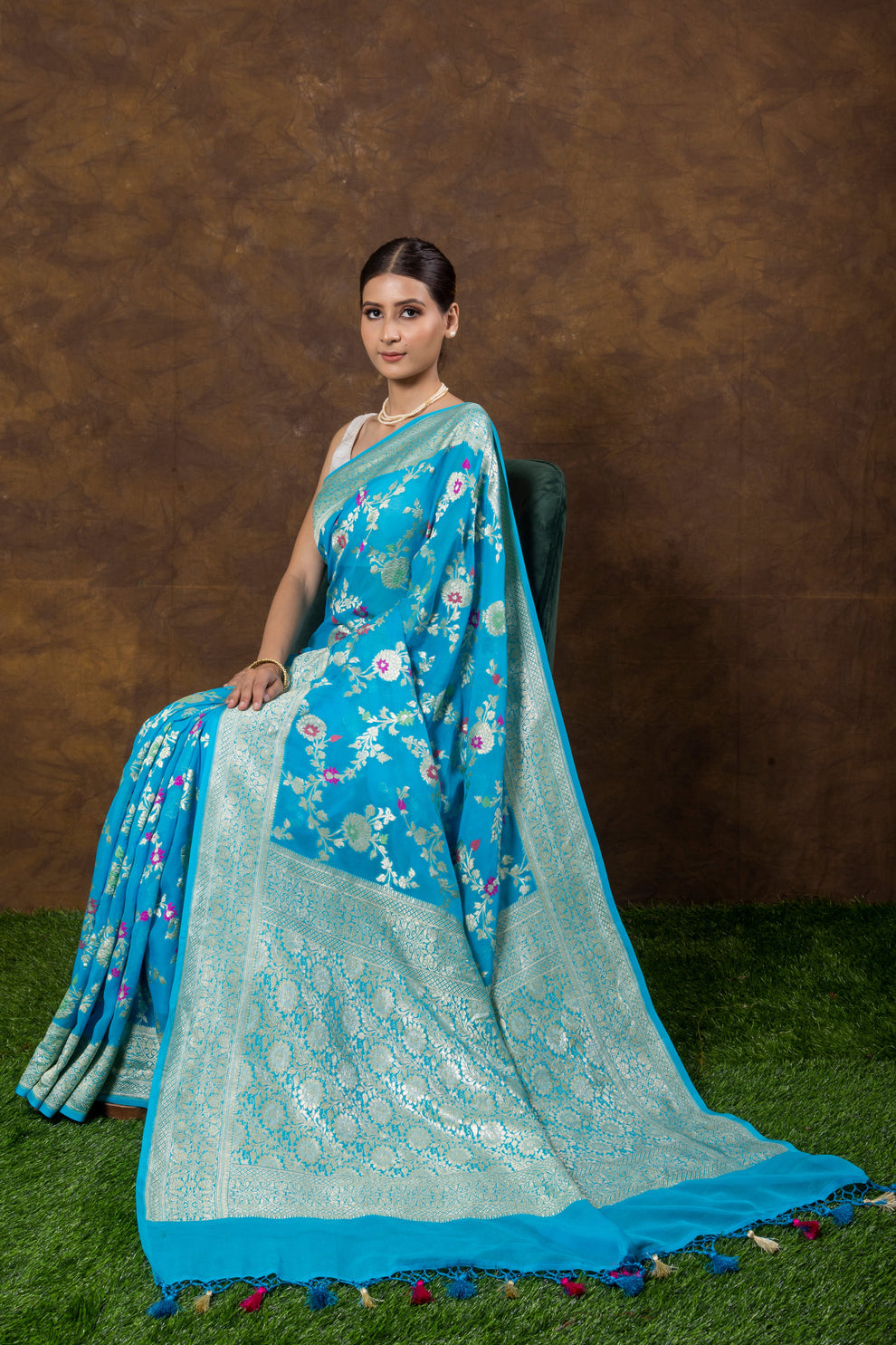 Azure Banarasi Pure Khaddi Georgette Meenakari Saree