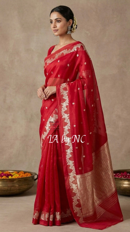 Carmine Banarasi Pure Kora Organza Kadwa Saree