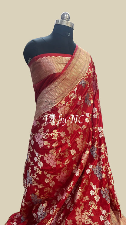 Carmine Banarasi Pure Katan Silk Tilfi Meenakari Saree