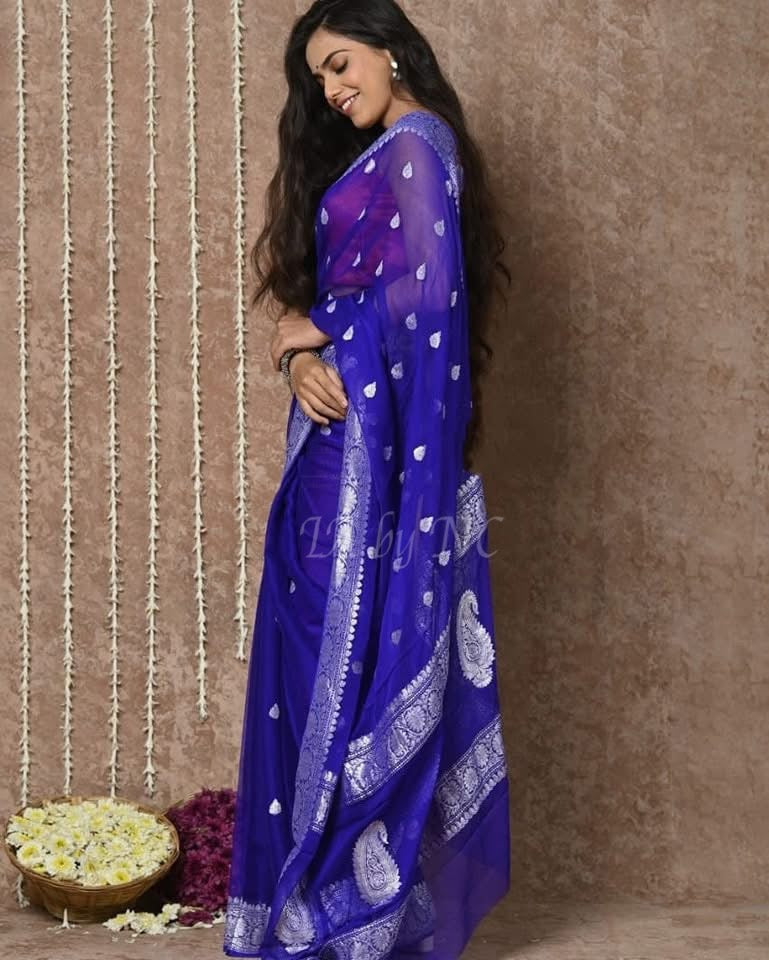Navy Banarasi Pure Khaddi Georgette Kadwa Saree