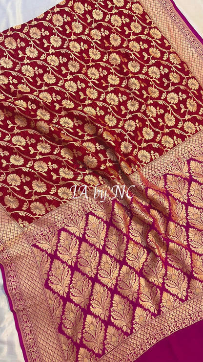 Carmine Banarasi Pure Khaddi Georgette Saree