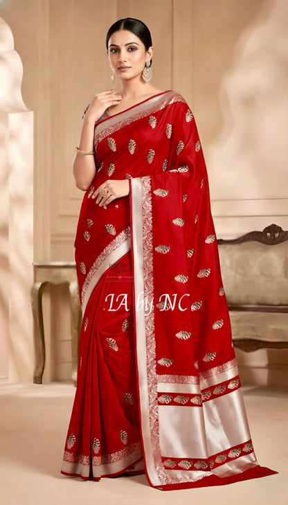 Crimson Banarasi Mashru Katan Silk Meenakari Saree