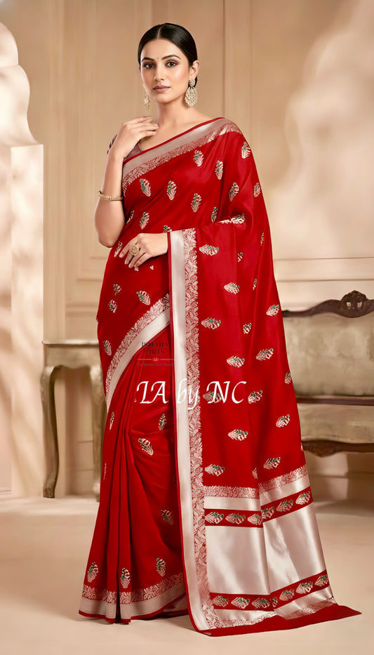 Crimson Banarasi Mashru Katan Silk Meenakari Saree