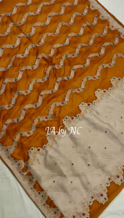 Ochre Banarasi Mashru Katan Silk Meenakari Saree
