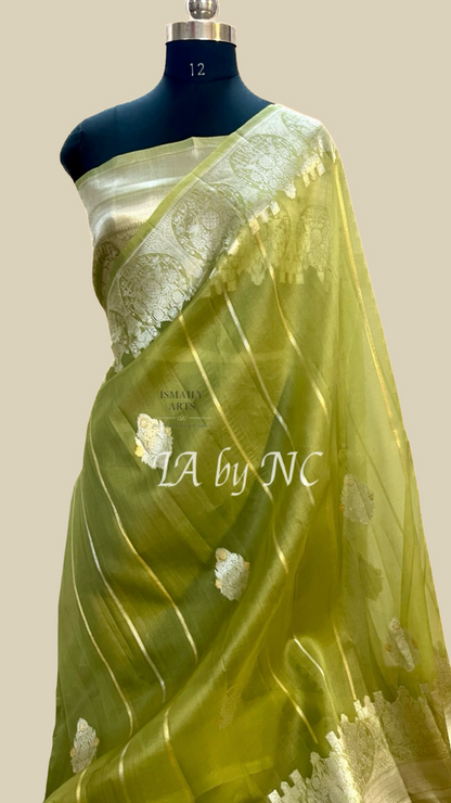 Olive Banarasi Pure Kora Organza Kadwa Saree