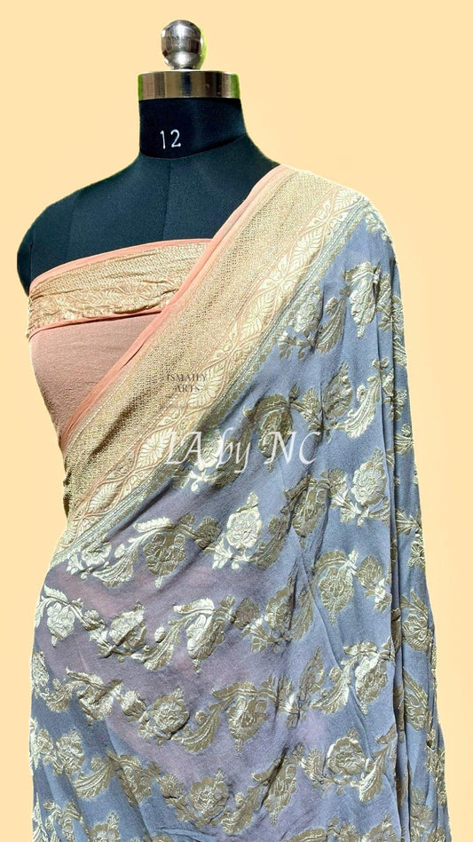 Grey Banarasi Pure Khaddi Georgette Saree.