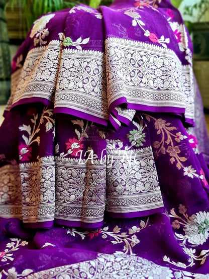 Grape Banarasi Pure Khaddi Georgette Meenakari Saree