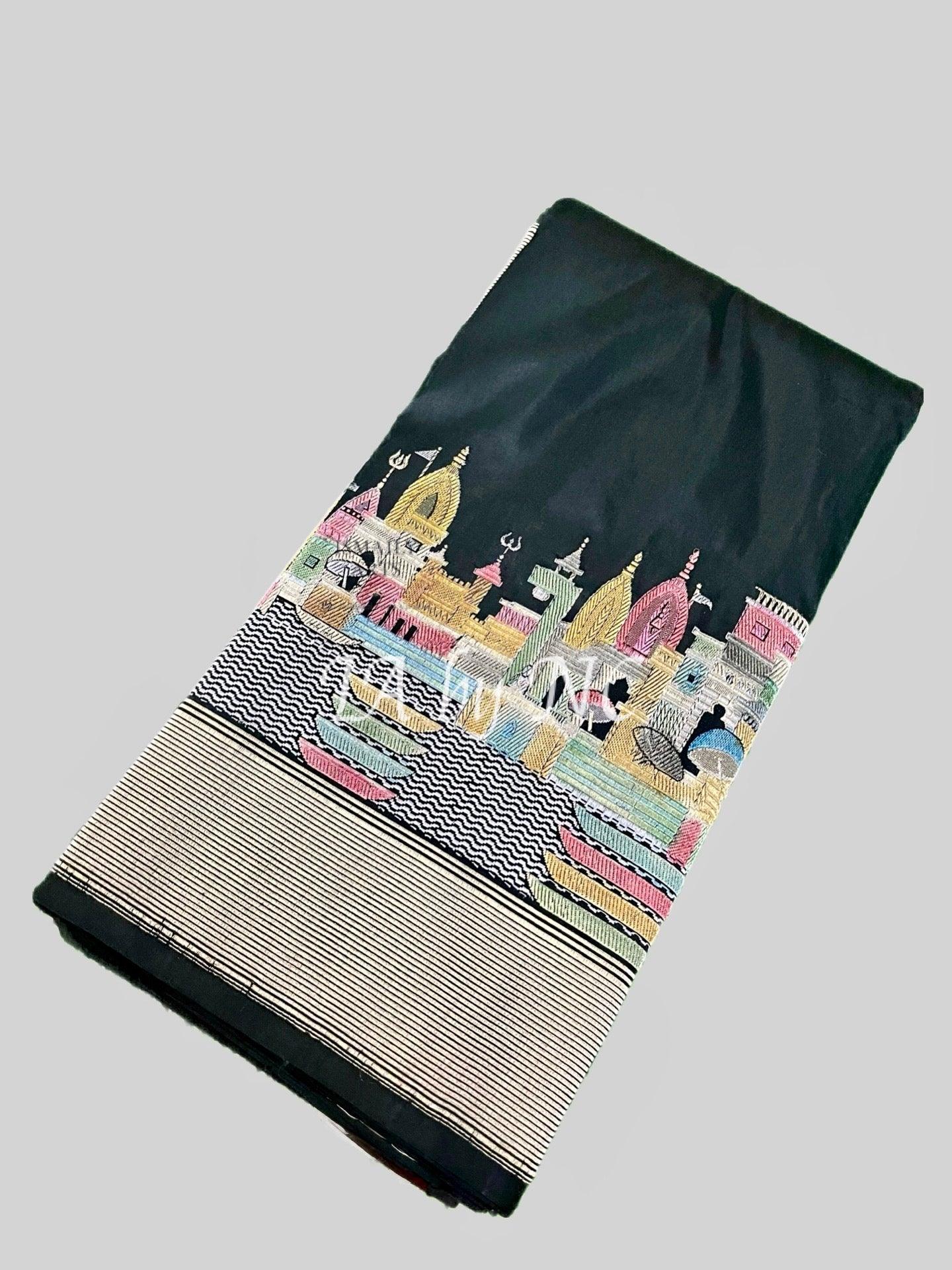 Black Banarasi Pure Katan Silk Kadwa Ganga Ghat Meenakari Pattu Saree