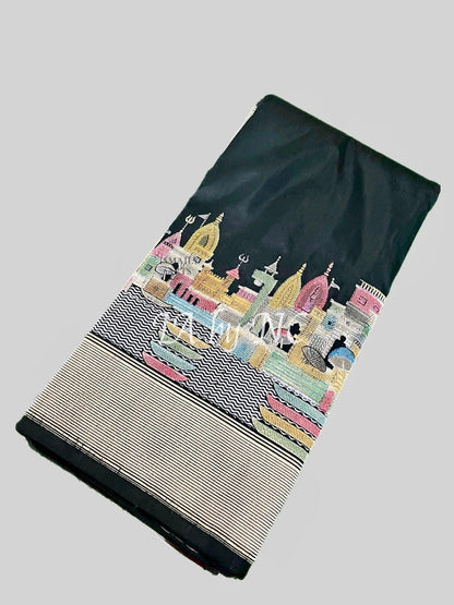 Black Banarasi Pure Katan Silk Kadwa Ganga Ghat Meenakari Pattu Saree