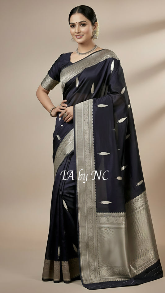 Black Banarasi Pure Kora Organza Kadwa Saree