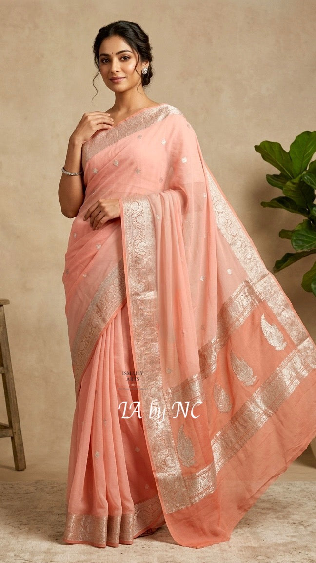 Flamingo Banarasi Pure Khaddi Georgette Kadwa Saree