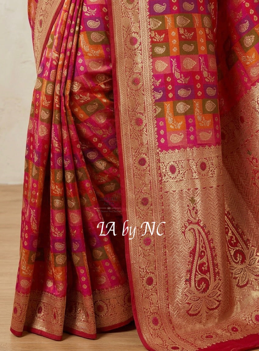 Carmine Banarasi Pure Katan Silk Tilfi Meenakari Rangkat Saree