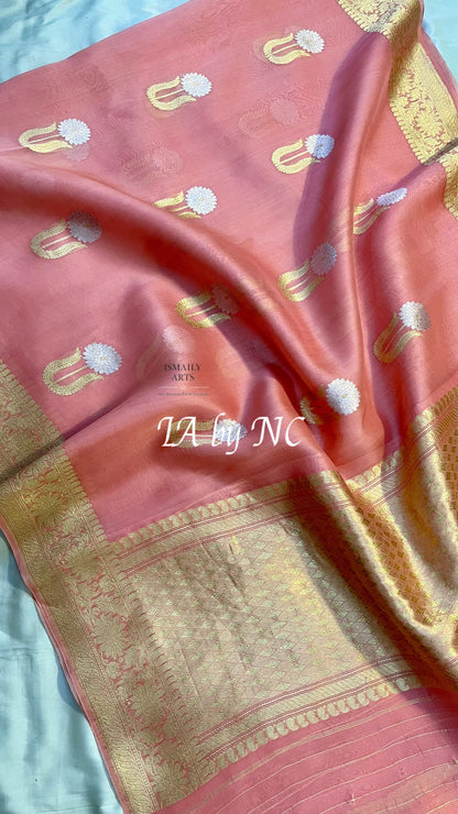 Peach Banarasi Pure Kora Silk Kadwa Saree