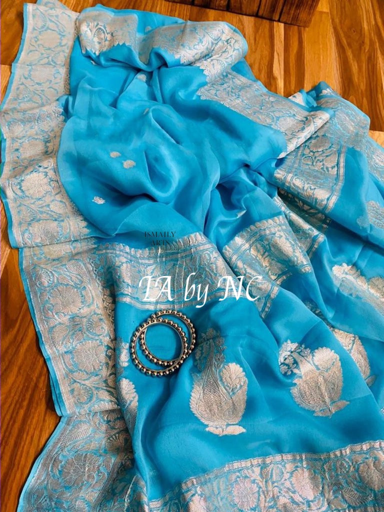 Azure Banarasi Pure Khaddi Georgette Kadwa Saree