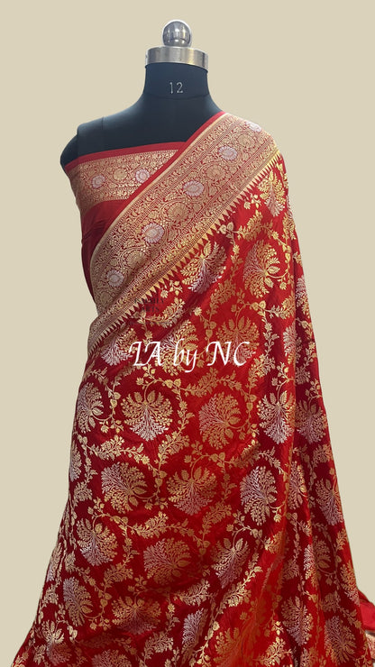 Crimson Banarasi Pure Katan Silk Pattu Meenakari Saree