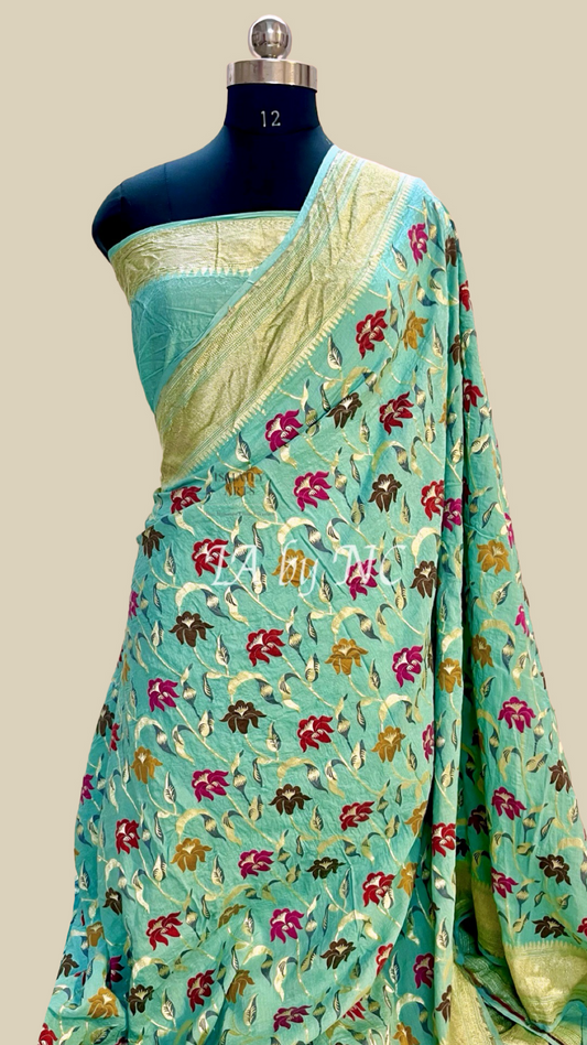 Turquoise Banarasi Pure Munga Silk Saree