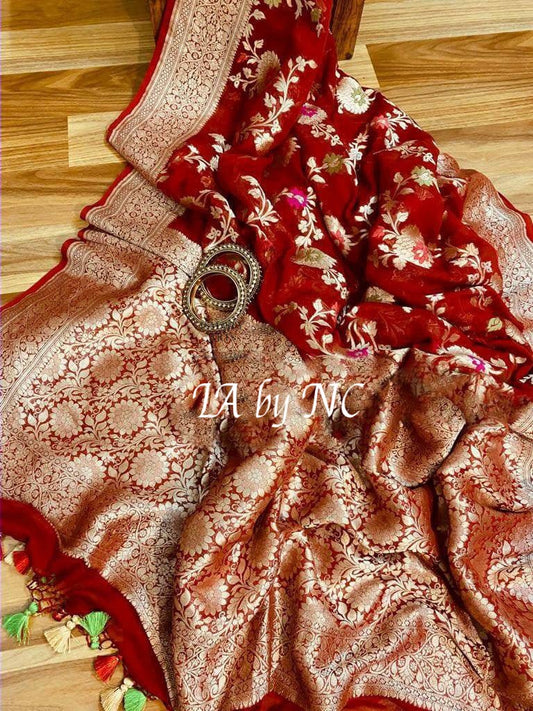 Carmine Banarasi Pure Khaddi Georgette Meenakari Saree