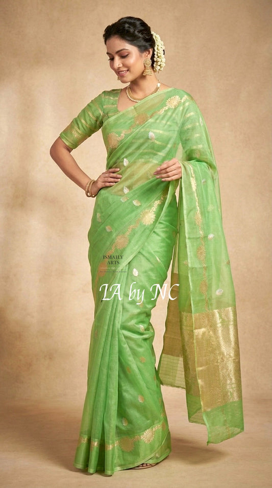 Emerald Banarasi Pure Kora Silk Kadwa Saree