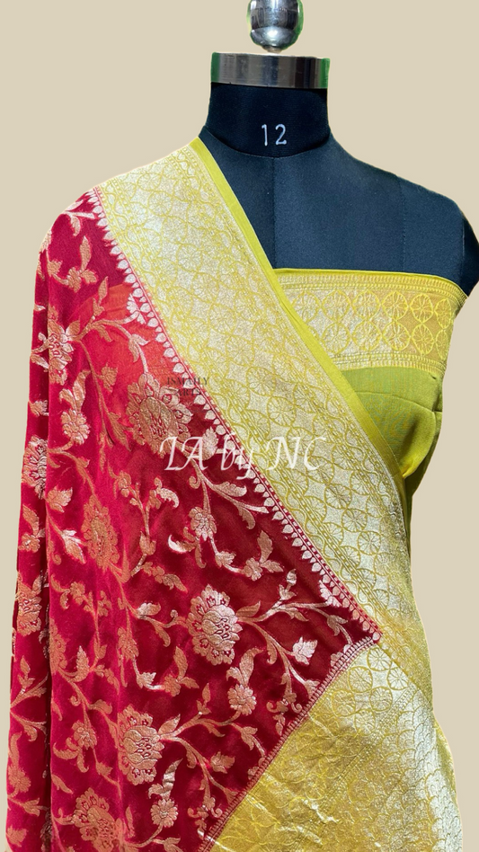 Carmine Banarasi Pure Khaddi Georgette Saree