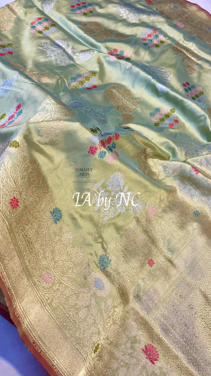 Pista Banarasi Pure Katan Silk Kadwa Pattu Saree