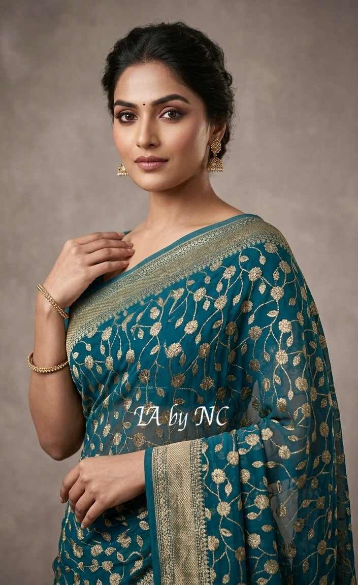 Turquoise Banarasi Pure Khaddi Georgette Saree