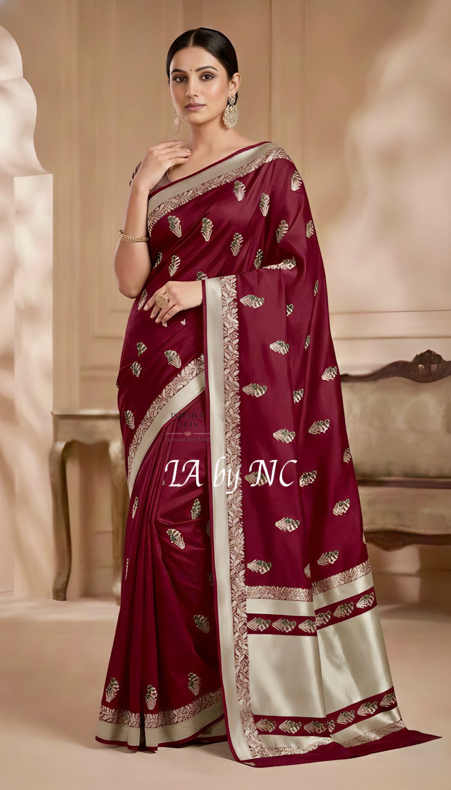 Burgundy Banarasi Mashru Katan Silk Meenakari Saree