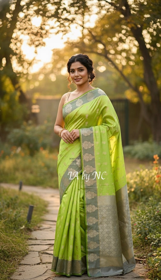 Avocado Banarasi Pure Katan Silk Raw Mango Saree