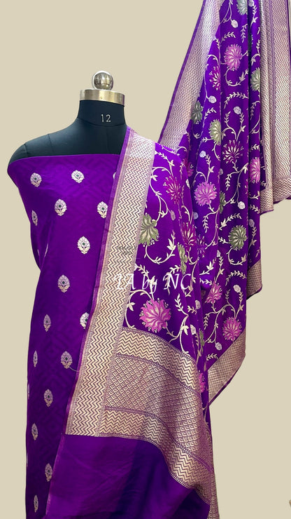 Grape Banarasi Pure Munga Silk Dress Material