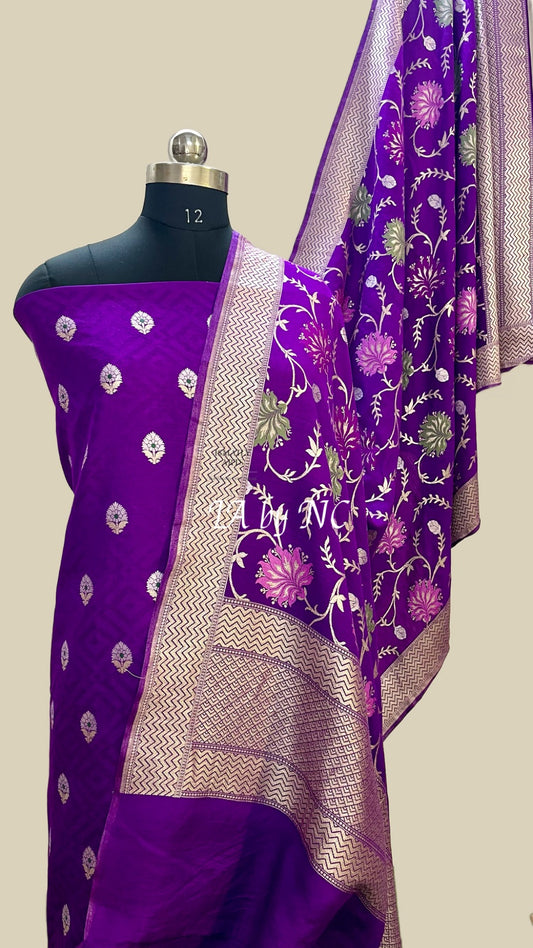 Grape Banarasi Pure Munga Silk Dress Material