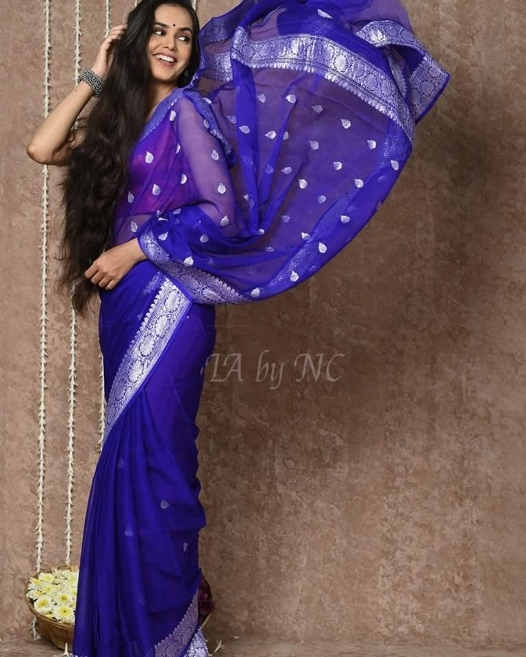 Navy Banarasi Pure Khaddi Georgette Kadwa Saree