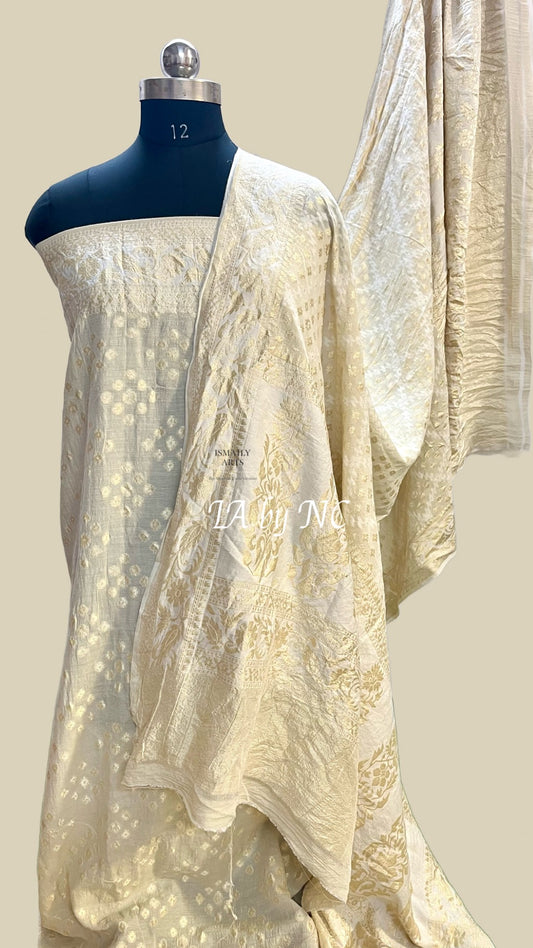 Beige Banarasi Pure Munga Silk Dress Material