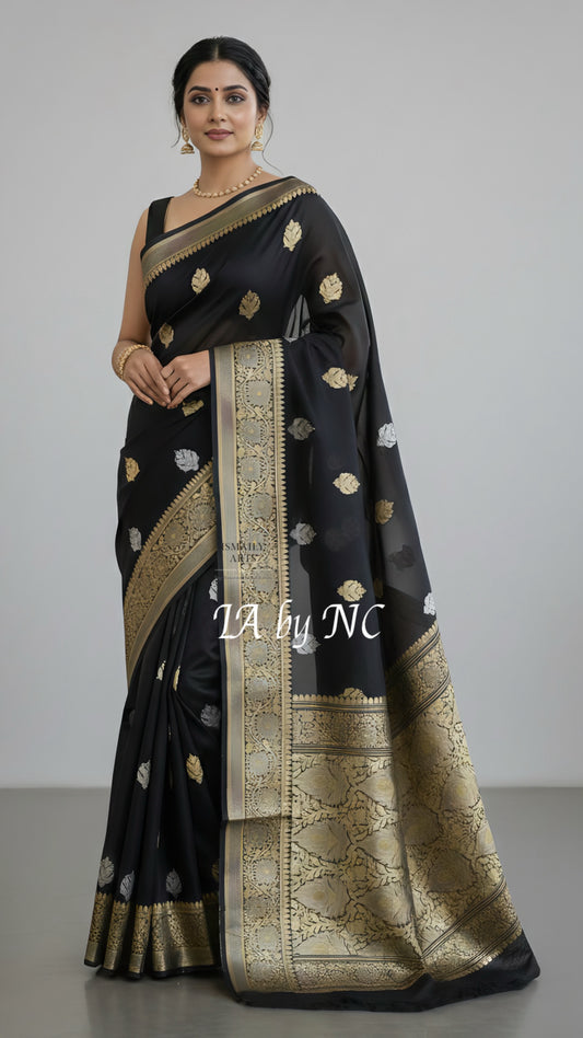 Black Banarasi Pure Kora Organza Kadwa Saree