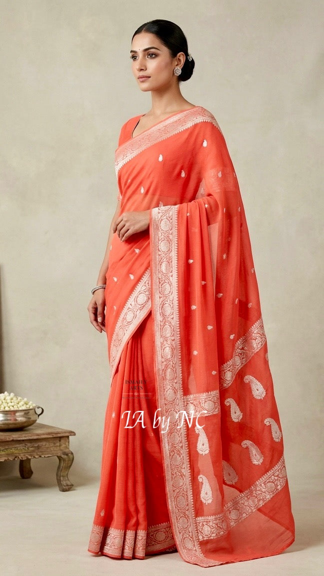 Red Banarasi Pure Khaddi Georgette Kadwa Saree