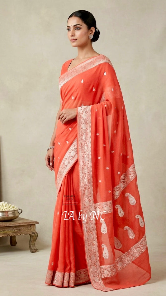 Red Banarasi Pure Khaddi Georgette Kadwa Saree